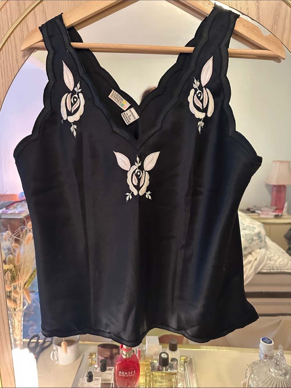 Black Embroidered V-Neck Camisole with Scalloped Straps